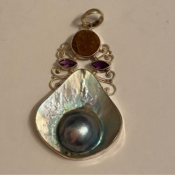 NECKLACE AGI STERLING SILVER BALL CHAIN 20” MABE BLISTER PEARL DRUZY ENHANCER - Picture 5 of 11